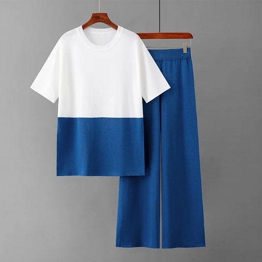 Spring Summer 2 Piece T-shirts Sets Womem Knitted Pleated Short Sleeve Pullover Outfits Elegant Wide Leg Capris Pants Suits