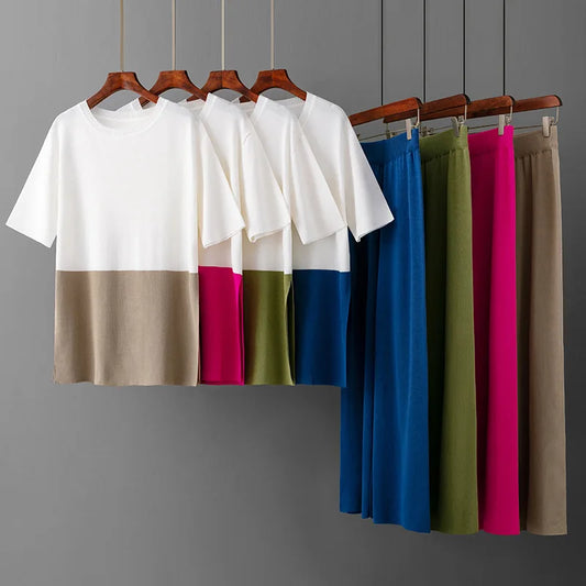 Spring Summer 2 Piece T-shirts Sets Womem Knitted Pleated Short Sleeve Pullover Outfits Elegant Wide Leg Capris Pants Suits