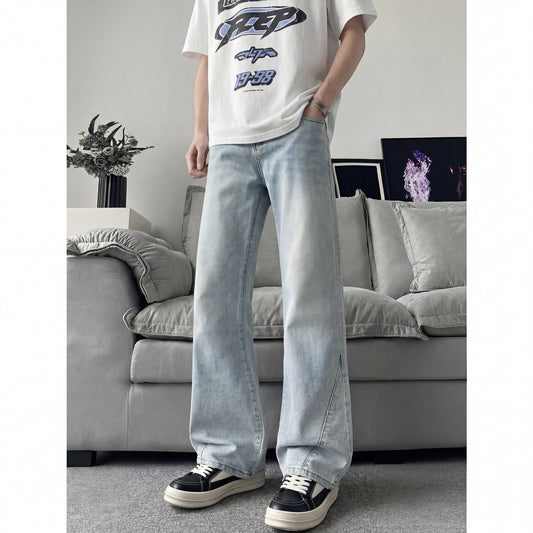 Slant Cut Flared Jeans Men Street Style Clean Fit Straight Leg Slim Flared Pants Vibe Trendy