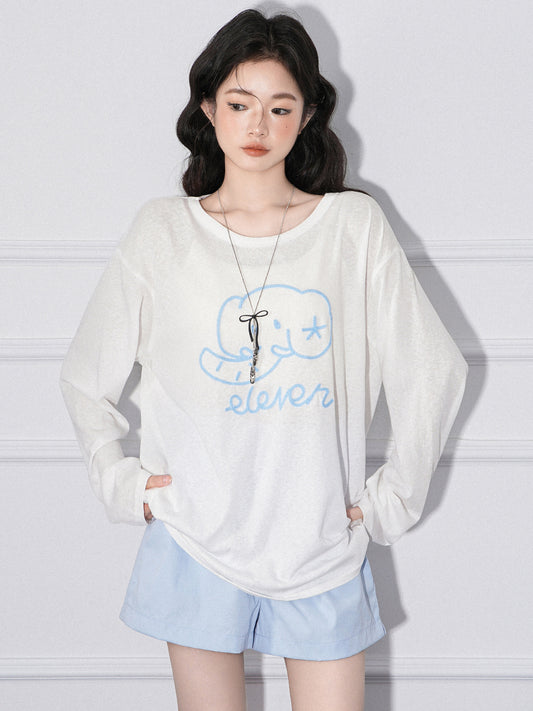 Elephant Embroidery Lightweight Sun Protection Long Sleeve T-Shirt Women Loose Round Neck Top