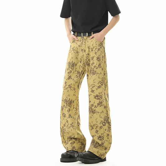 Yellow Mud Color Floral All-Over Jacquard Denim Pants