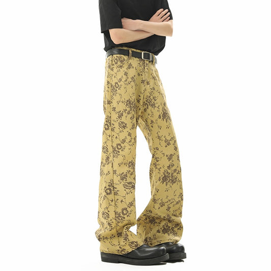 Yellow Mud Color Floral All-Over Jacquard Denim Pants