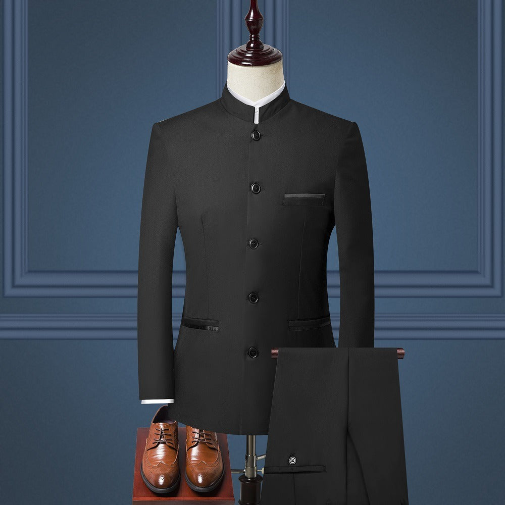 Mens Suits Set (Jacket+Pants+Vest)  Stand Collar Chinese Style Slim Fit Suits  3  Piece Wedding Men Clothing