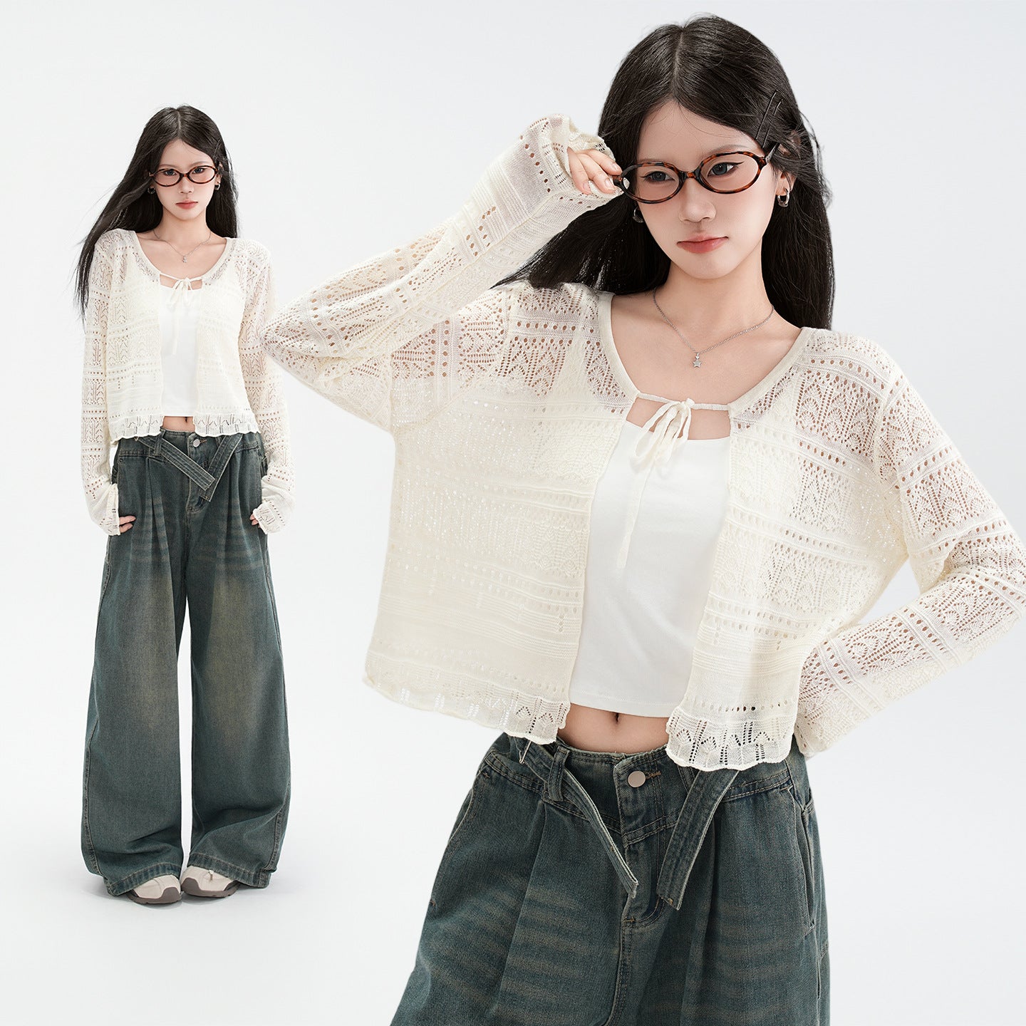 Hollow Linen Knit Cardigan for Women Lightweight Tie-Back Long Sleeve Shawl Cover-Up Top