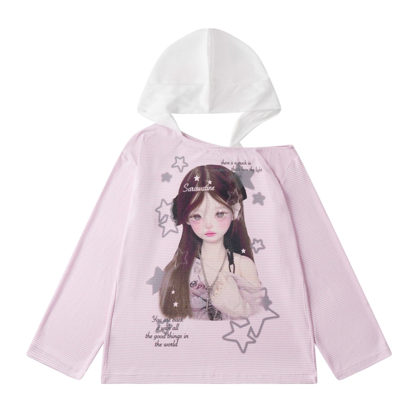Star Print Top with Color-Block Hooded Long Sleeves