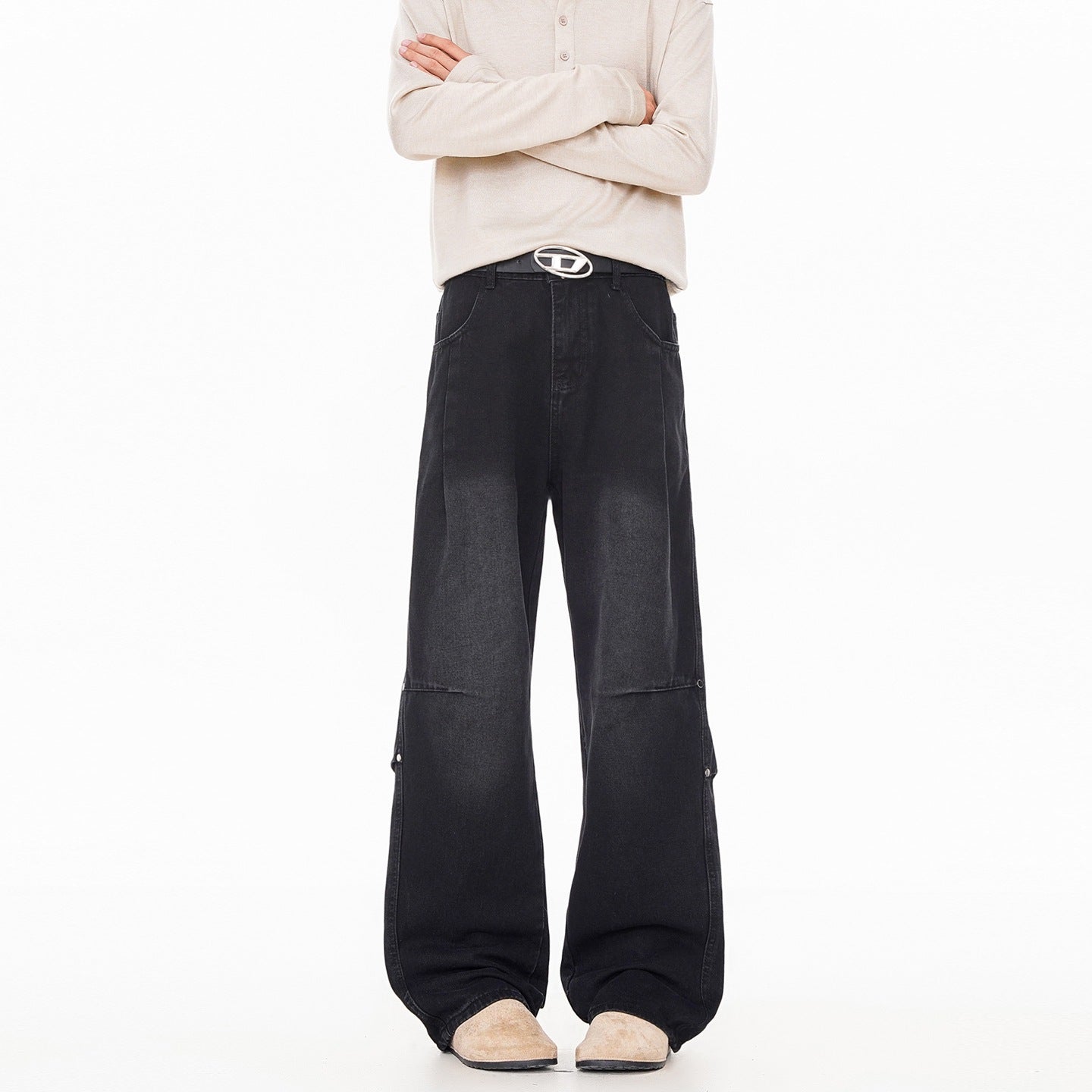Streetwear Lightning Pattern Washed Denim Pants