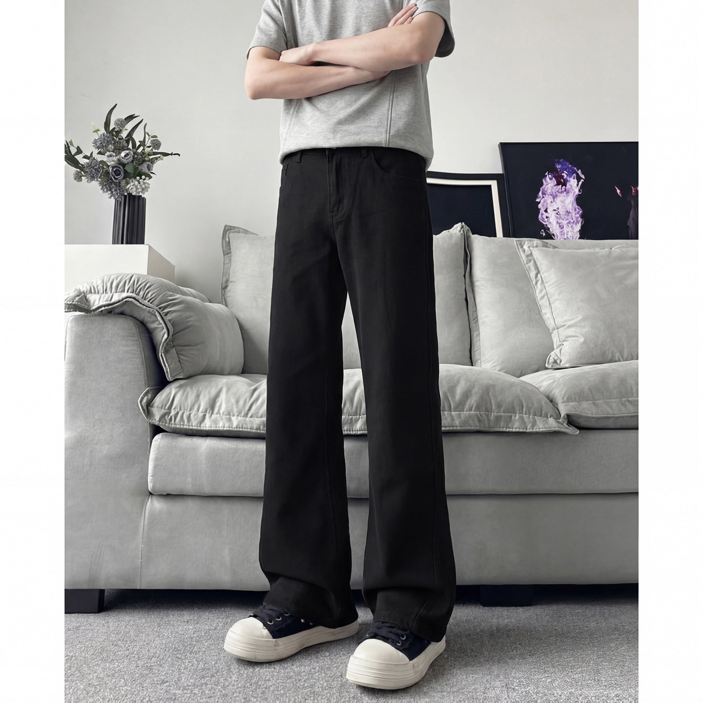 Slant Cut Flared Jeans Men Street Style Clean Fit Straight Leg Slim Flared Pants Vibe Trendy