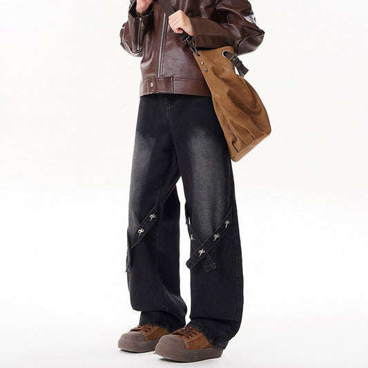 Relaxed Straight Leg Jeans Men Long Pants