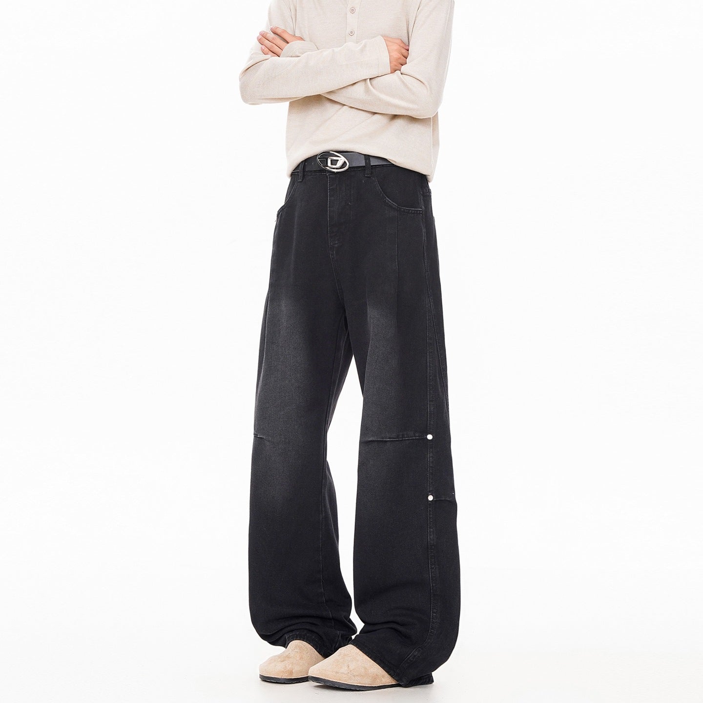 Streetwear Lightning Pattern Washed Denim Pants