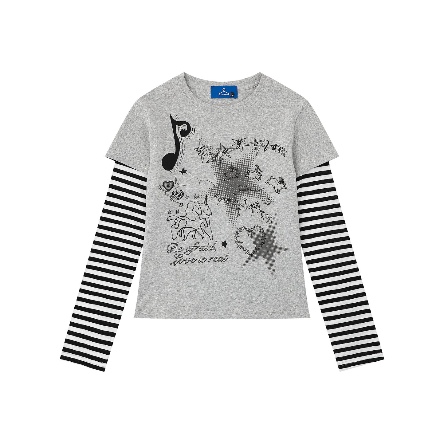 Heart False Two-Piece Long Sleeve Striped Sleeve Slim Fit Sweet Cool Style Top