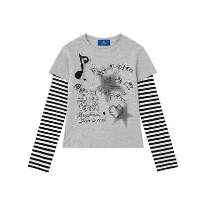 Heart False Two-Piece Long Sleeve Striped Sleeve Slim Fit Sweet Cool Style Top