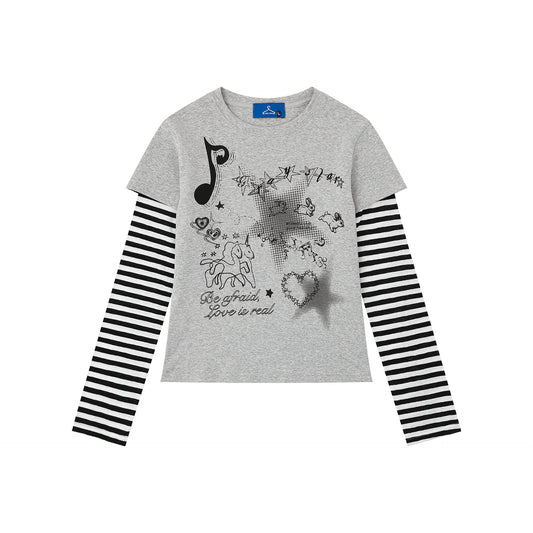 Heart False Two-Piece Long Sleeve Striped Sleeve Slim Fit Sweet Cool Style Top