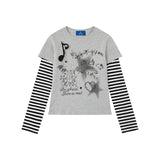 Heart False Two-Piece Long Sleeve Striped Sleeve Slim Fit Sweet Cool Style Top