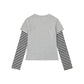 Heart False Two-Piece Long Sleeve Striped Sleeve Slim Fit Sweet Cool Style Top