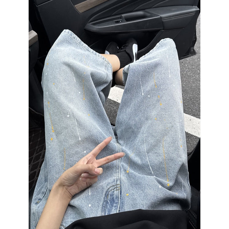 Wide-Leg 7/8 Denim Pants Men's Meteor Design Loose Shorts