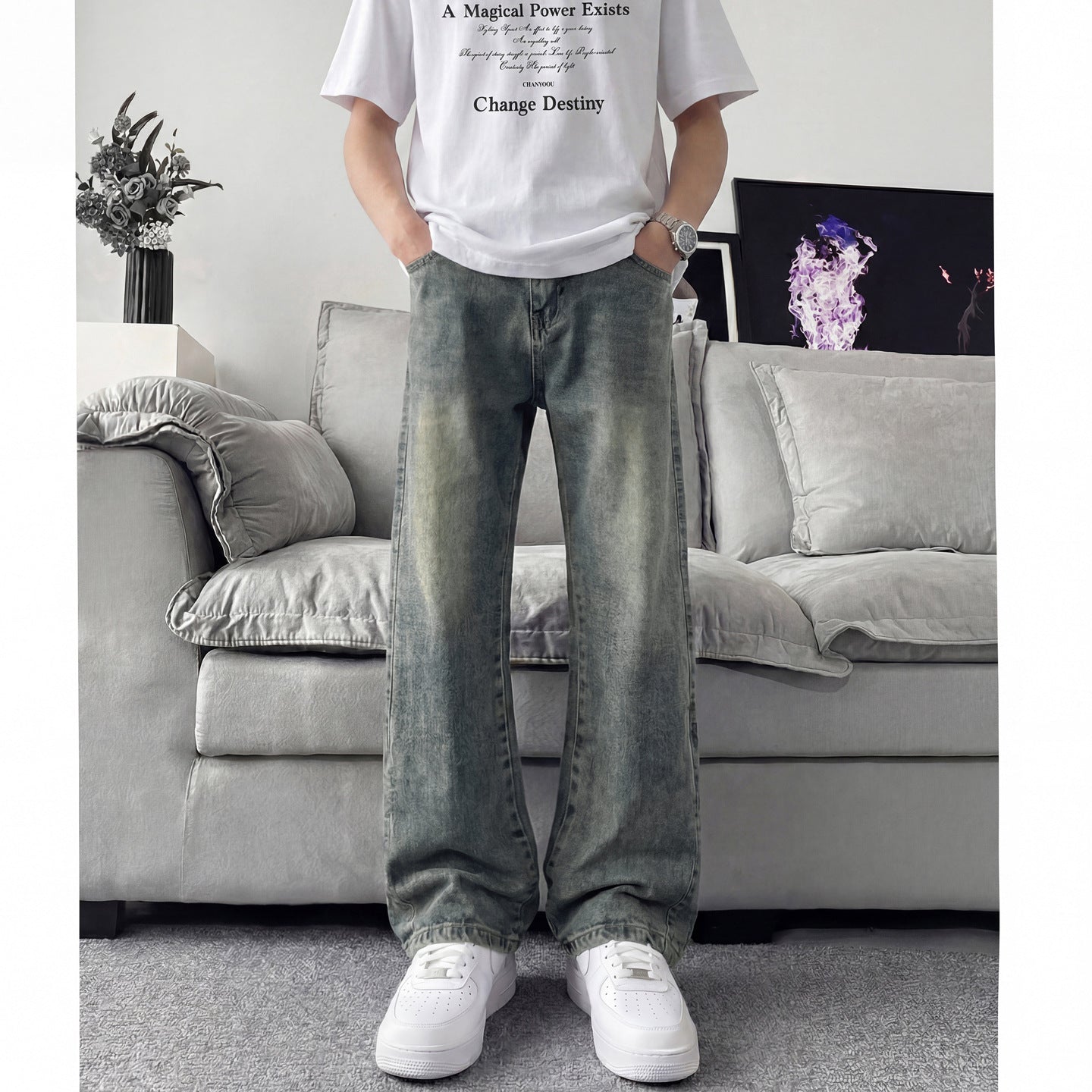 Slant Cut Flared Jeans Men Street Style Clean Fit Straight Leg Slim Flared Pants Vibe Trendy