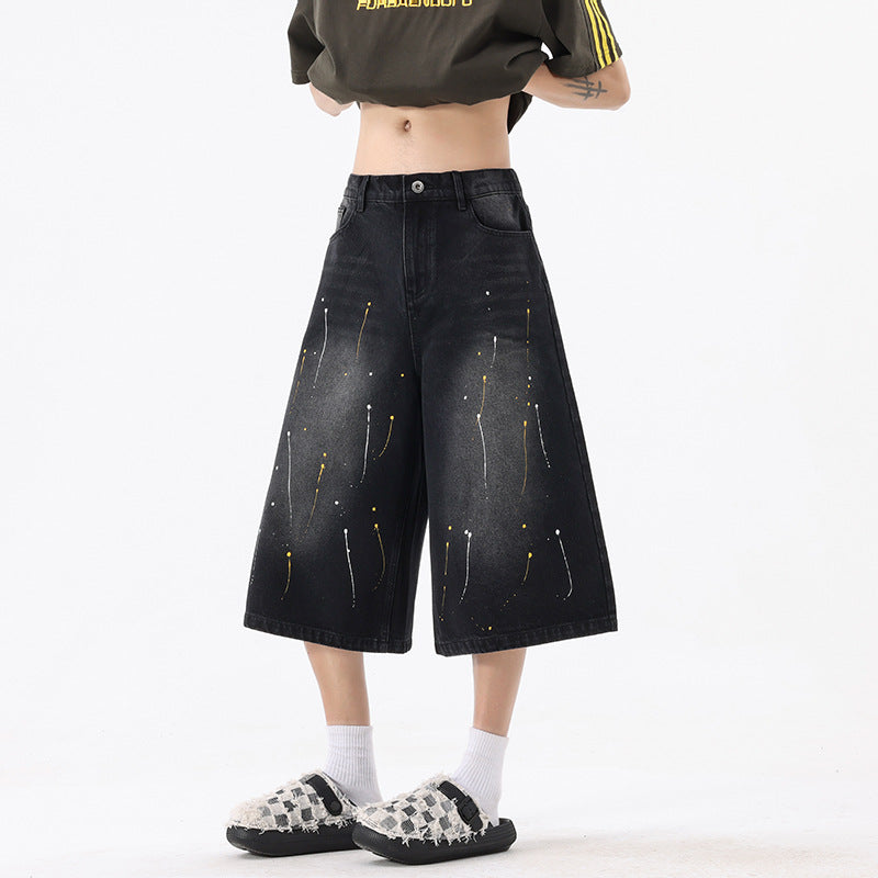 Wide-Leg 7/8 Denim Pants Men's Meteor Design Loose Shorts
