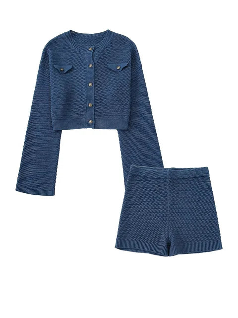 Fashion Knitted Women Coat Suits Metal Buttons Long Sleeve Sweater Cardigan Crop Top Female Shorts 2 Piece Sets New
