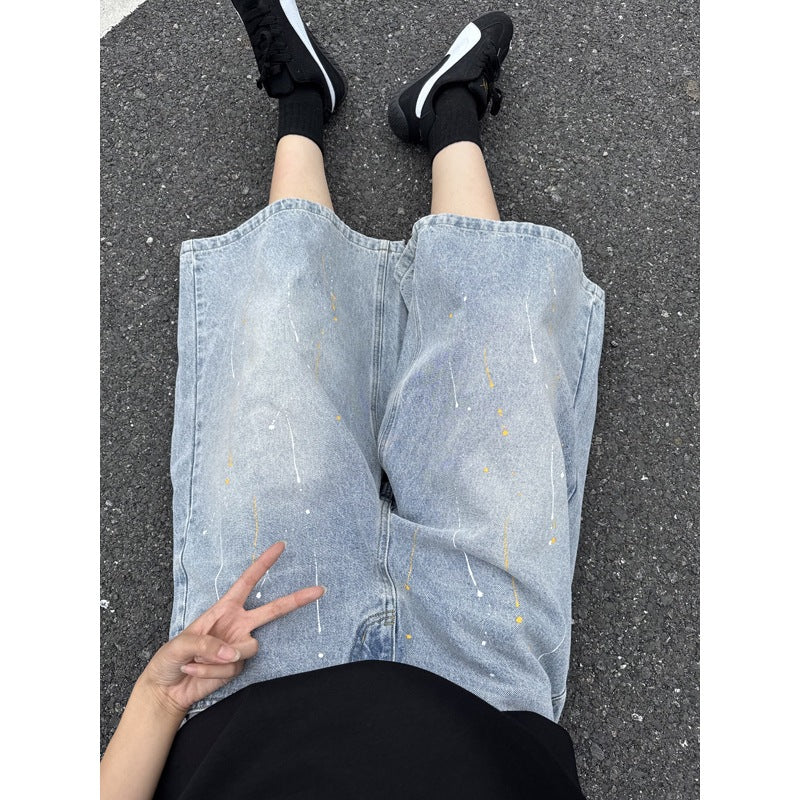 Wide-Leg 7/8 Denim Pants Men's Meteor Design Loose Shorts