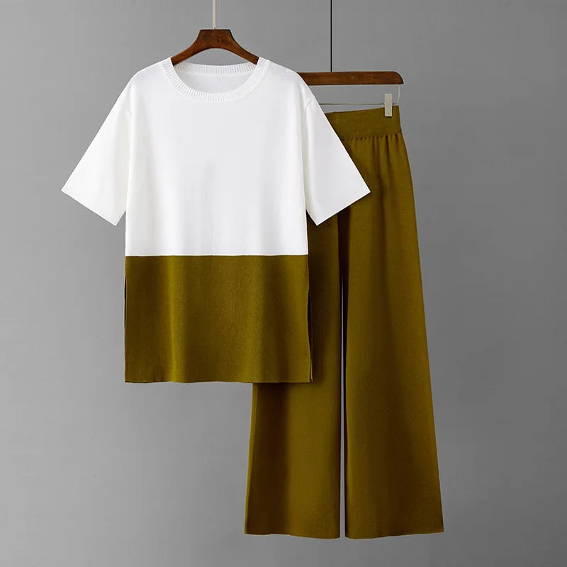 Spring Summer 2 Piece T-shirts Sets Womem Knitted Pleated Short Sleeve Pullover Outfits Elegant Wide Leg Capris Pants Suits