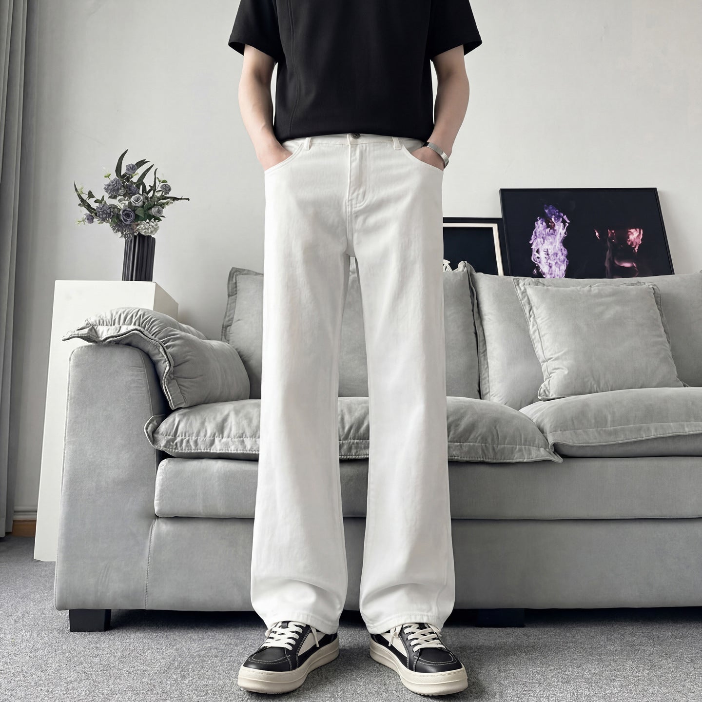Slant Cut Flared Jeans Men Street Style Clean Fit Straight Leg Slim Flared Pants Vibe Trendy