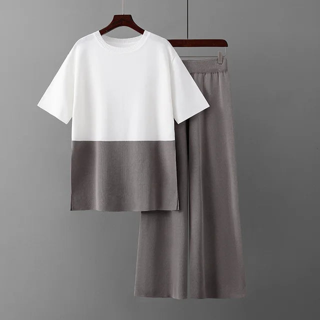 Spring Summer 2 Piece T-shirts Sets Womem Knitted Pleated Short Sleeve Pullover Outfits Elegant Wide Leg Capris Pants Suits