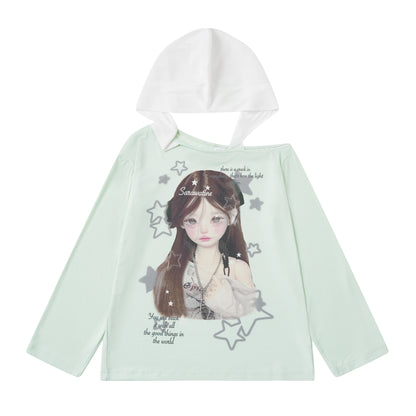 Star Print Top with Color-Block Hooded Long Sleeves