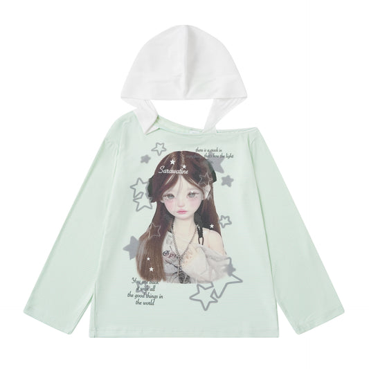 Star Print Top with Color-Block Hooded Long Sleeves