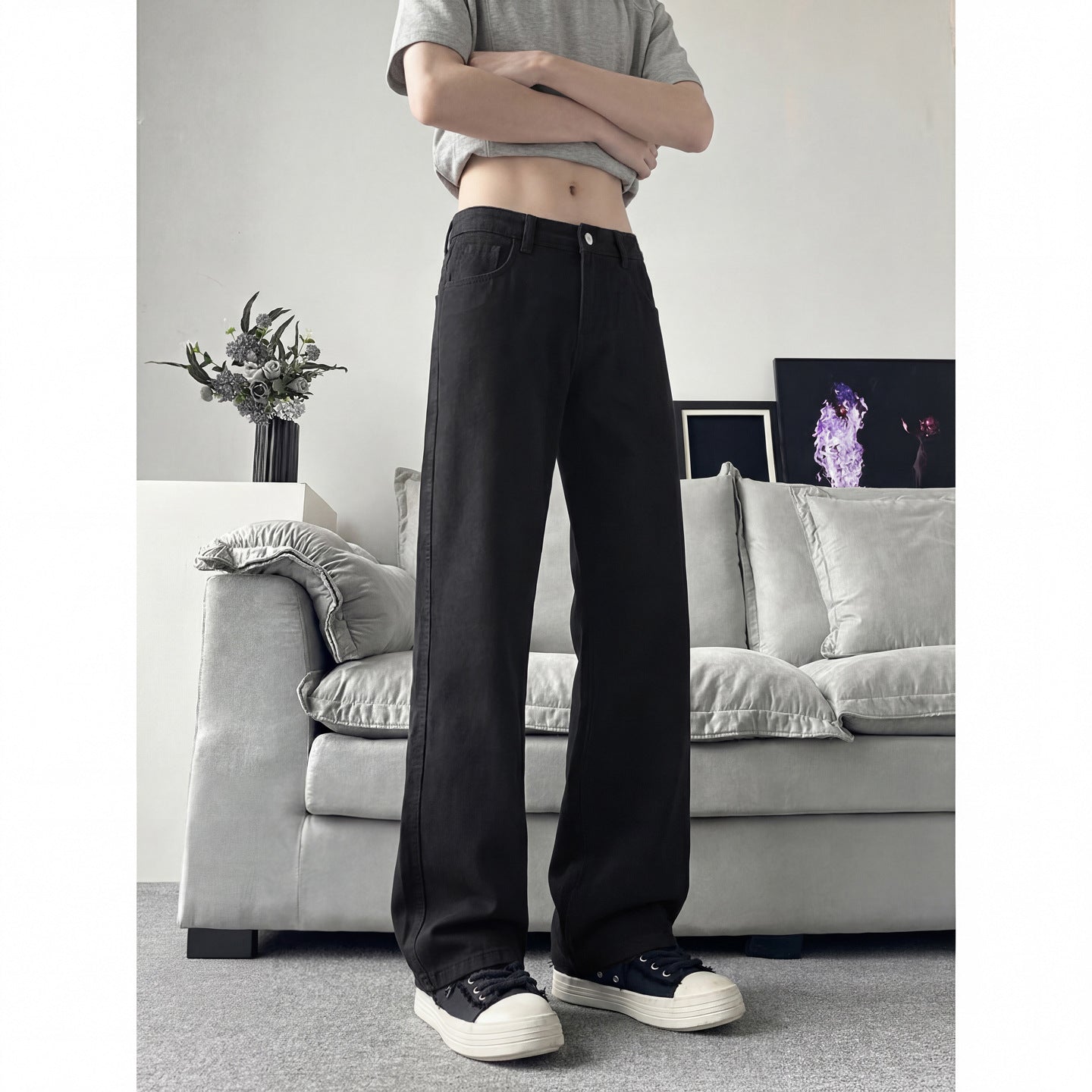 Slant Cut Flared Jeans Men Street Style Clean Fit Straight Leg Slim Flared Pants Vibe Trendy