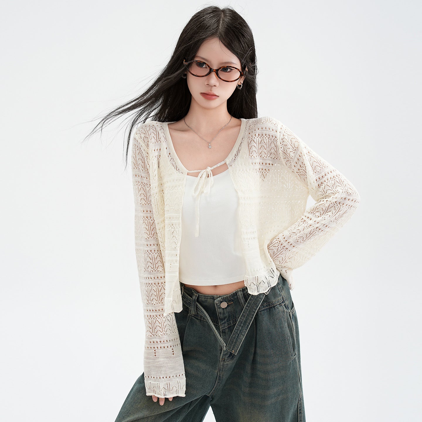 Hollow Linen Knit Cardigan for Women Lightweight Tie-Back Long Sleeve Shawl Cover-Up Top