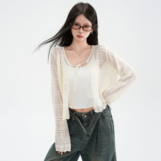 Hollow Linen Knit Cardigan for Women Lightweight Tie-Back Long Sleeve Shawl Cover-Up Top