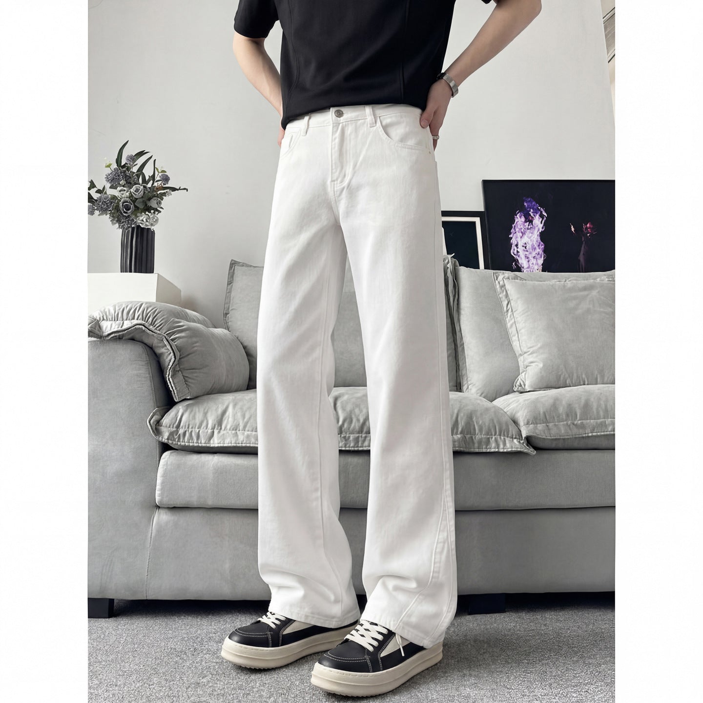 Slant Cut Flared Jeans Men Street Style Clean Fit Straight Leg Slim Flared Pants Vibe Trendy