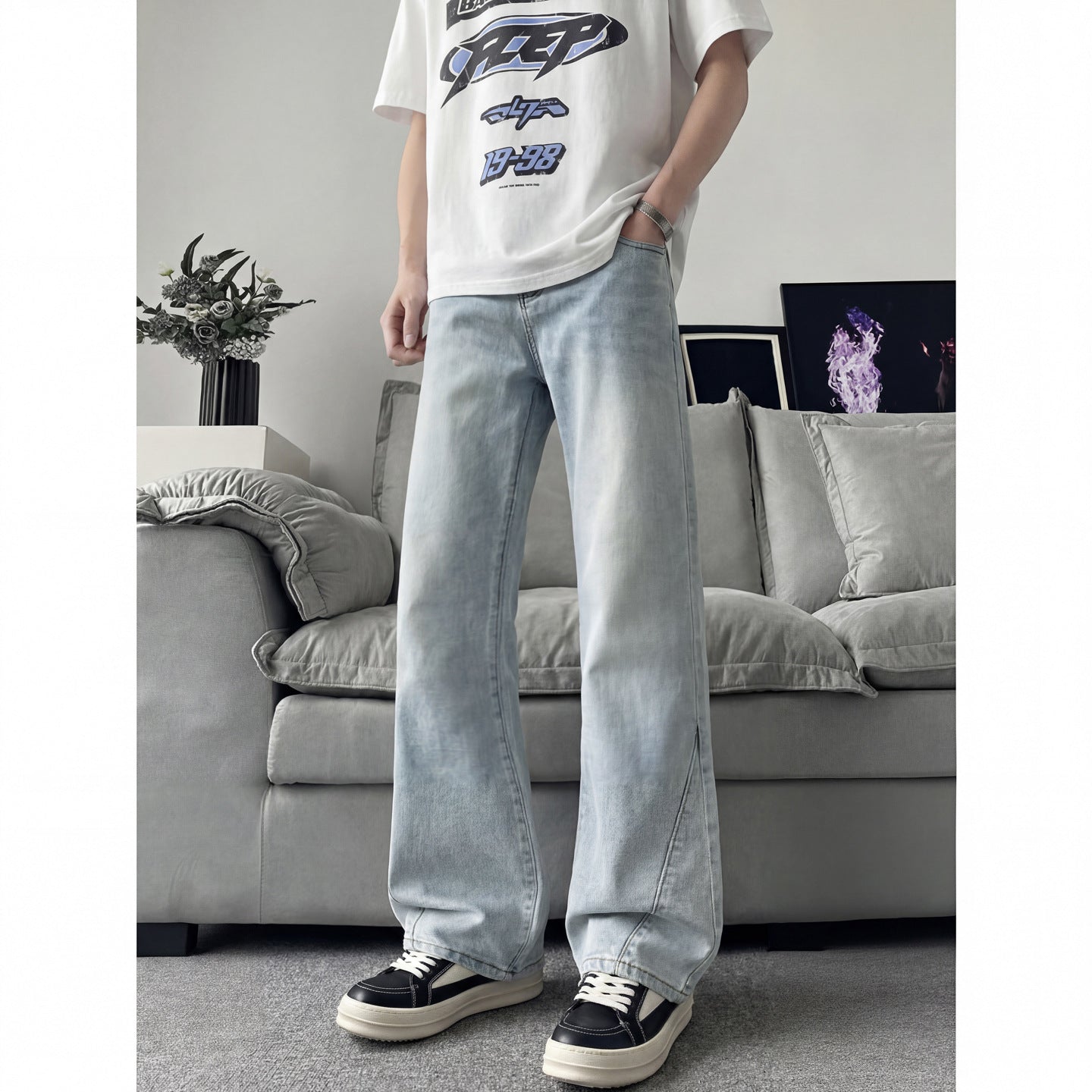 Slant Cut Flared Jeans Men Street Style Clean Fit Straight Leg Slim Flared Pants Vibe Trendy