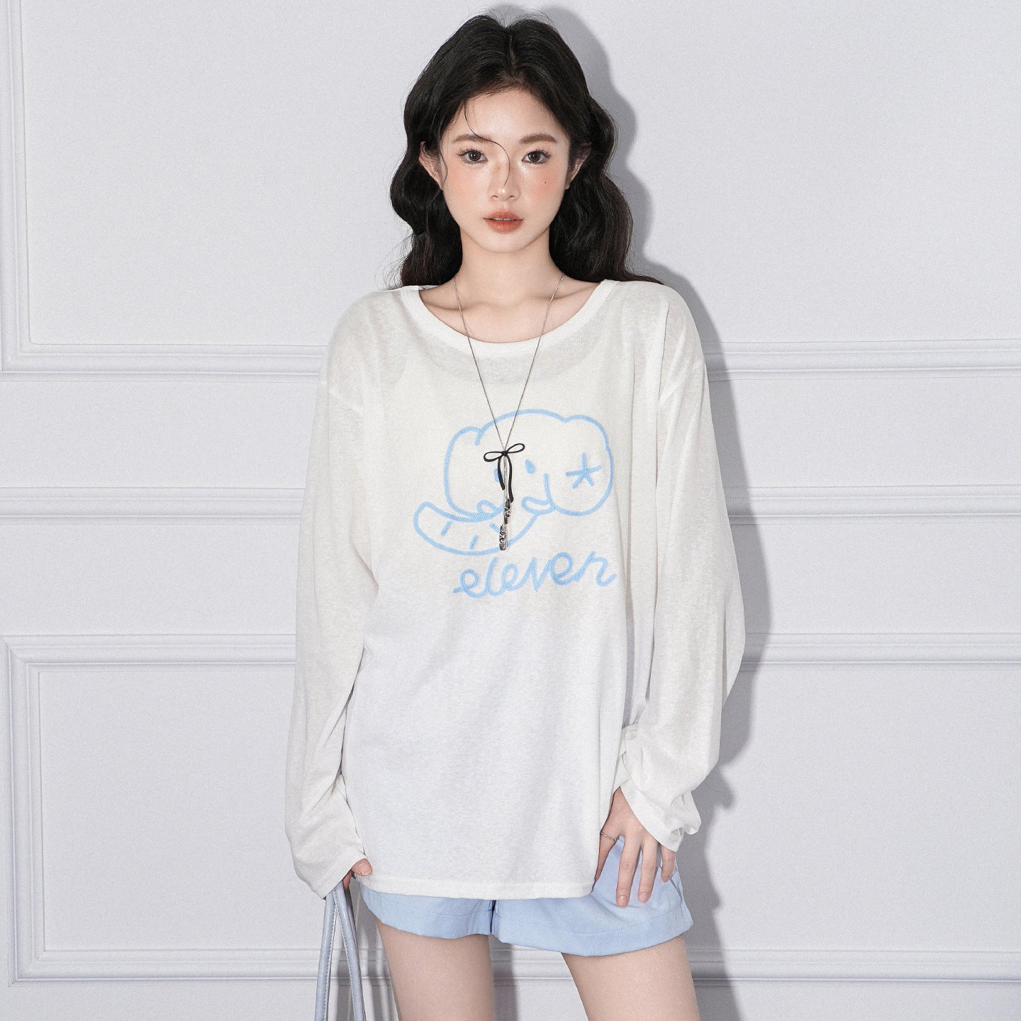 Elephant Embroidery Lightweight Sun Protection Long Sleeve T-Shirt Women Loose Round Neck Top