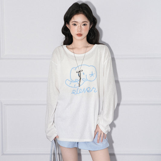 Elephant Embroidery Lightweight Sun Protection Long Sleeve T-Shirt Women Loose Round Neck Top