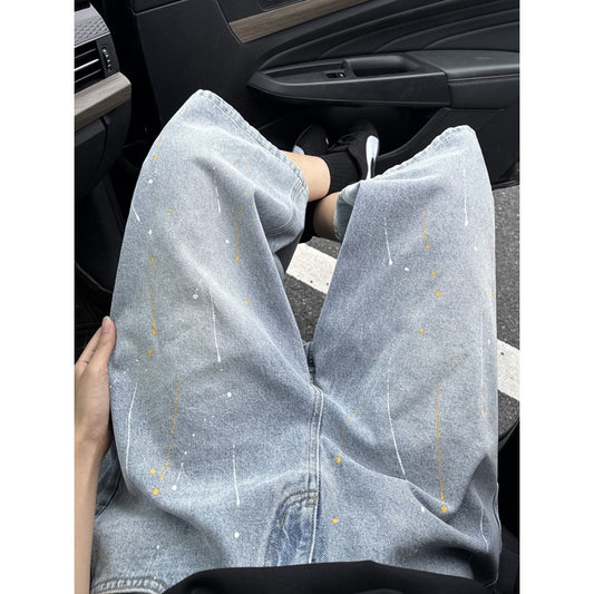 Wide-Leg 7/8 Denim Pants Men's Meteor Design Loose Shorts