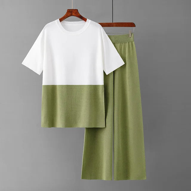 Spring Summer 2 Piece T-shirts Sets Womem Knitted Pleated Short Sleeve Pullover Outfits Elegant Wide Leg Capris Pants Suits