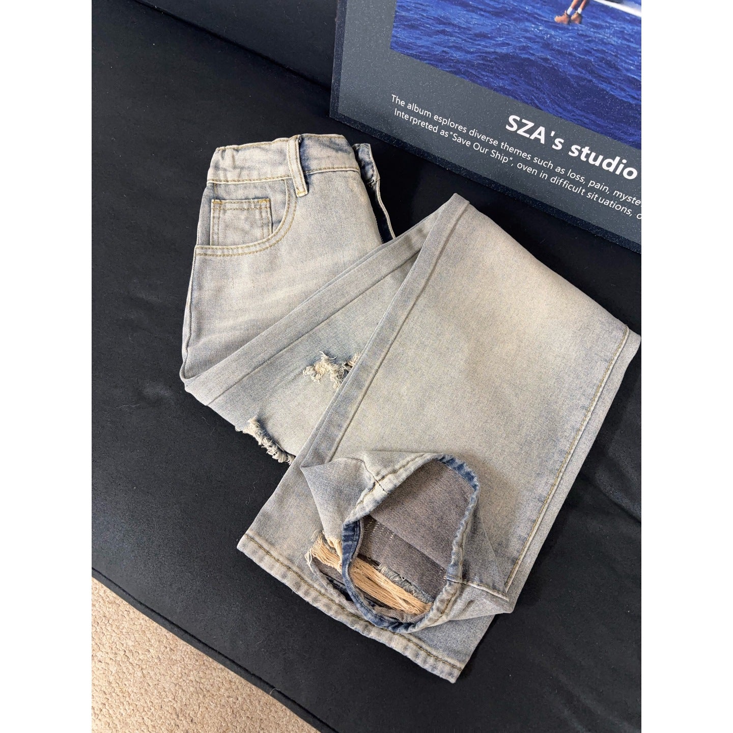 Vintage Street Style Distressed Rip-Off Denim Pants