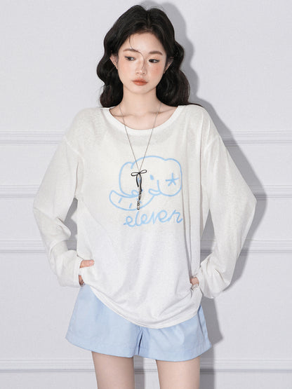 Elephant Embroidery Lightweight Sun Protection Long Sleeve T-Shirt Women Loose Round Neck Top