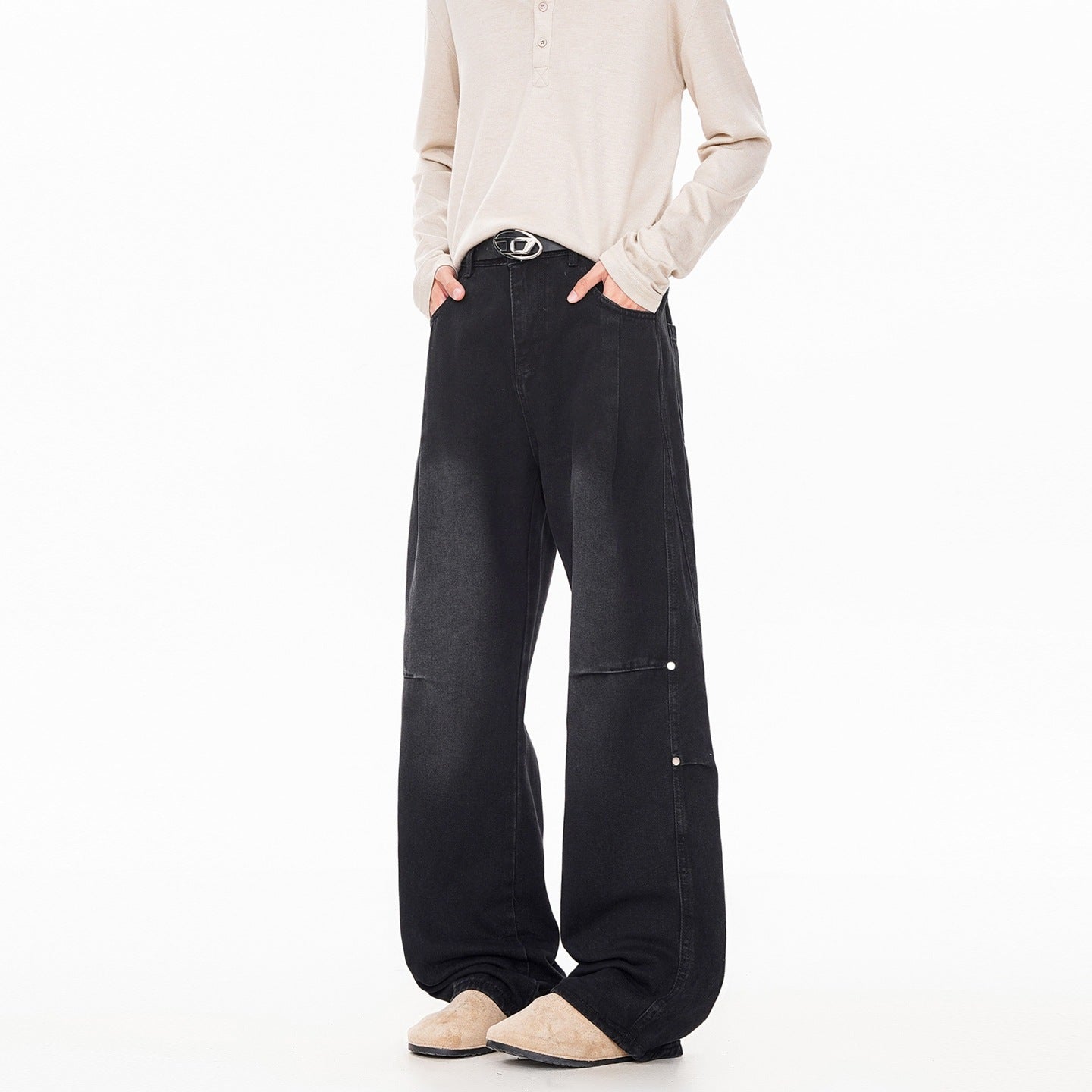 Streetwear Lightning Pattern Washed Denim Pants