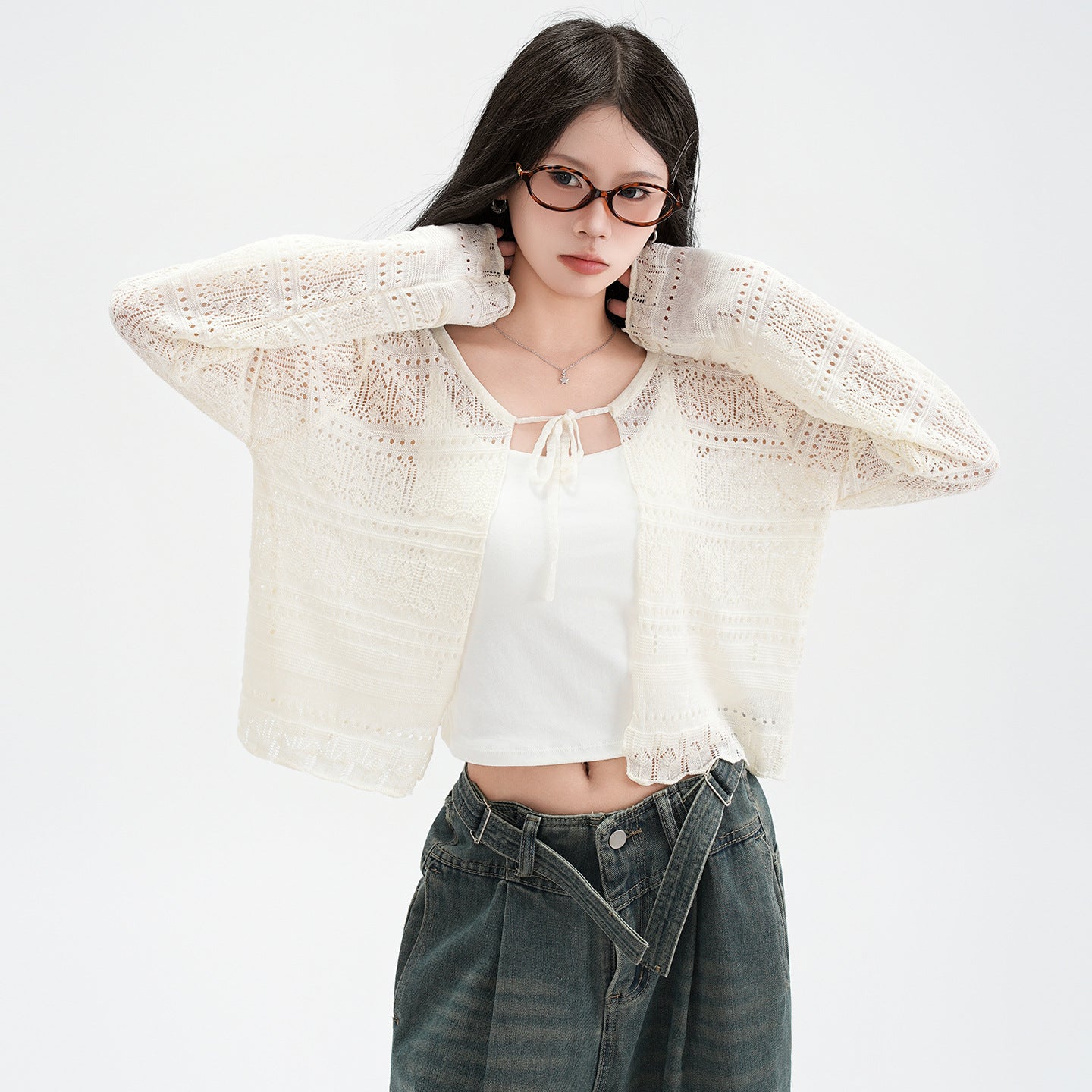 Hollow Linen Knit Cardigan for Women Lightweight Tie-Back Long Sleeve Shawl Cover-Up Top