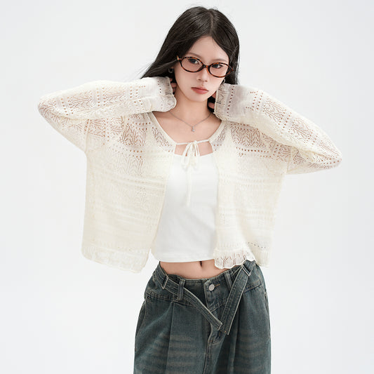 Hollow Linen Knit Cardigan for Women Lightweight Tie-Back Long Sleeve Shawl Cover-Up Top