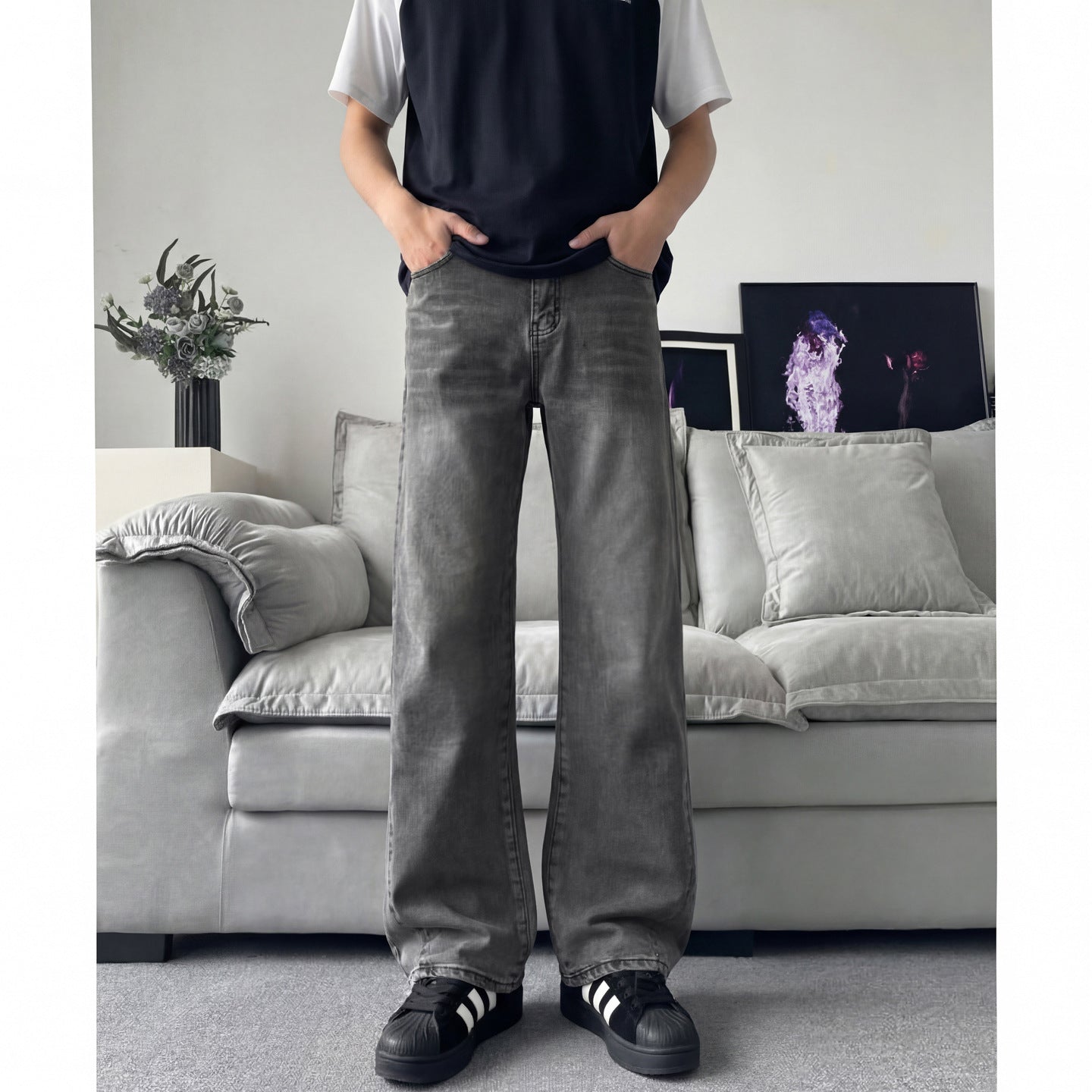 Slant Cut Flared Jeans Men Street Style Clean Fit Straight Leg Slim Flared Pants Vibe Trendy