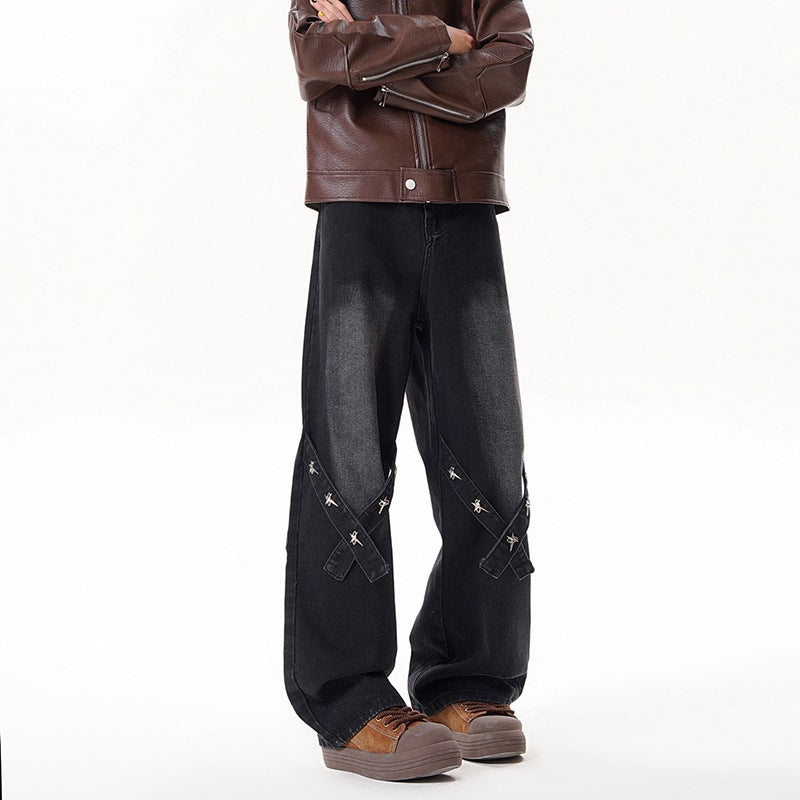Relaxed Straight Leg Jeans Men Long Pants