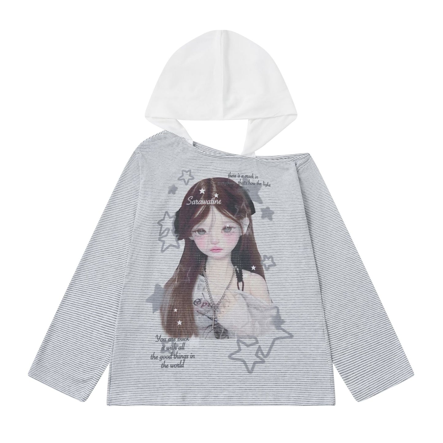 Star Print Top with Color-Block Hooded Long Sleeves