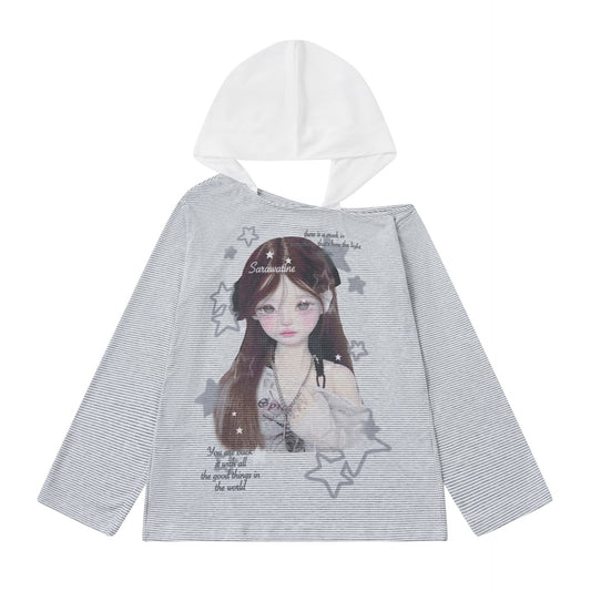 Star Print Top with Color-Block Hooded Long Sleeves