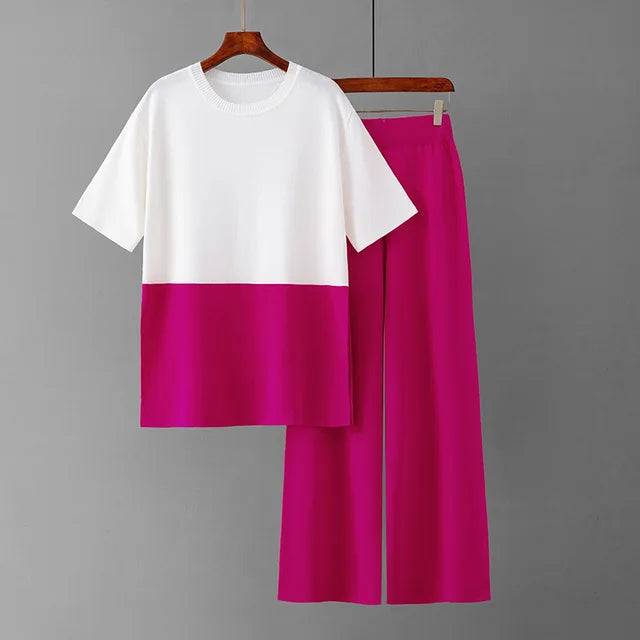 Spring Summer 2 Piece T-shirts Sets Womem Knitted Pleated Short Sleeve Pullover Outfits Elegant Wide Leg Capris Pants Suits