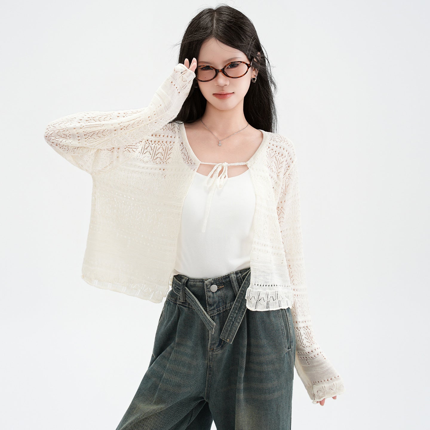 Hollow Linen Knit Cardigan for Women Lightweight Tie-Back Long Sleeve Shawl Cover-Up Top