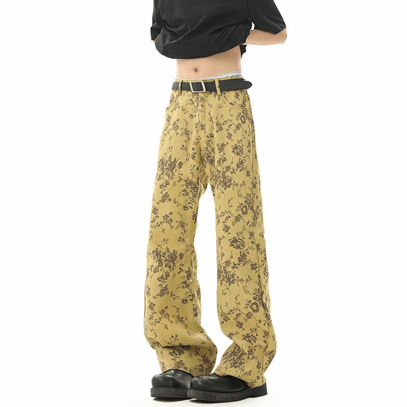 Yellow Mud Color Floral All-Over Jacquard Denim Pants