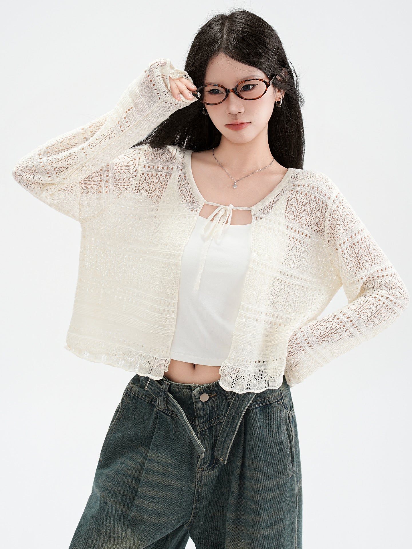 Hollow Linen Knit Cardigan for Women Lightweight Tie-Back Long Sleeve Shawl Cover-Up Top